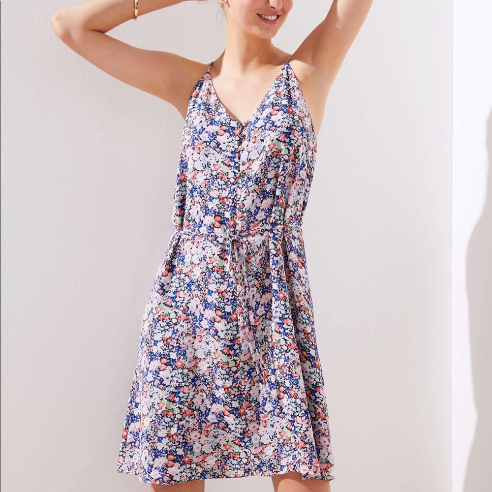 Loft Floral Covered Button Strappy Cami Dress